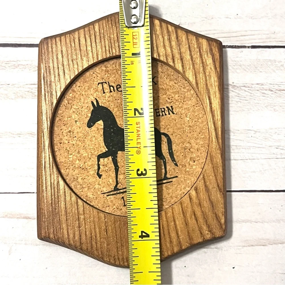 Vintage Western Black Horse Tavern 1794 Wooden & Cork 6 Coasters with Holder